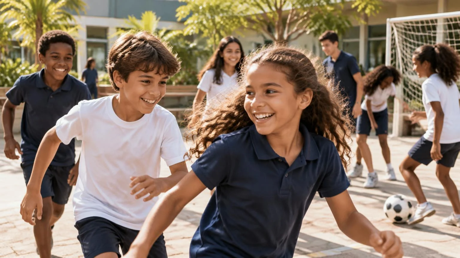 Crianças e adolescentes em movimento numa tarde ativa na escola