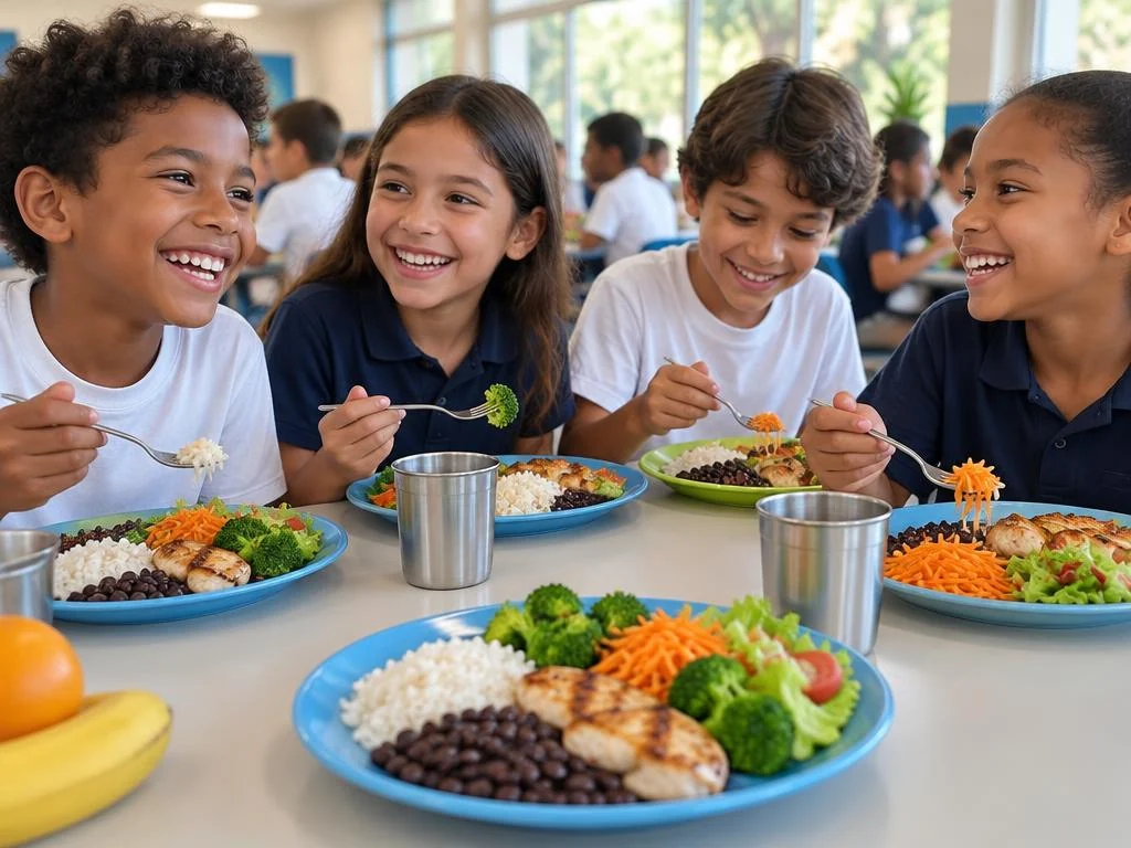 Crianças almoçando juntas, com pratos de comida caseira colorida e saudável