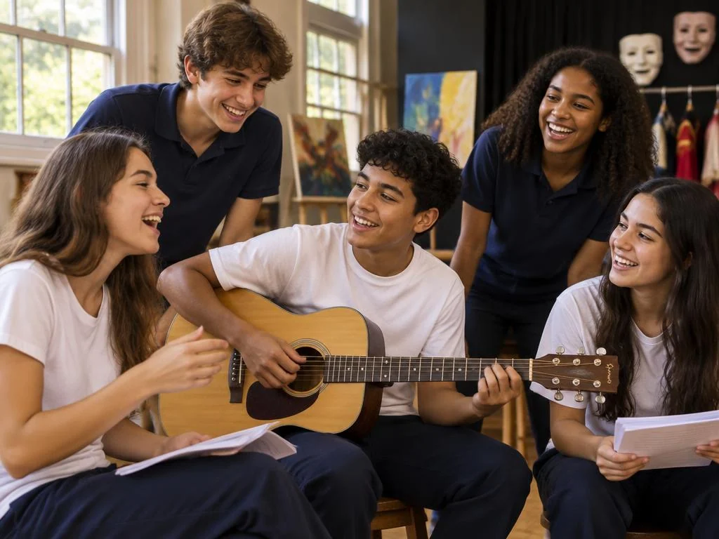 Adolescente tocando violão com colegas sorrindo no ensaio