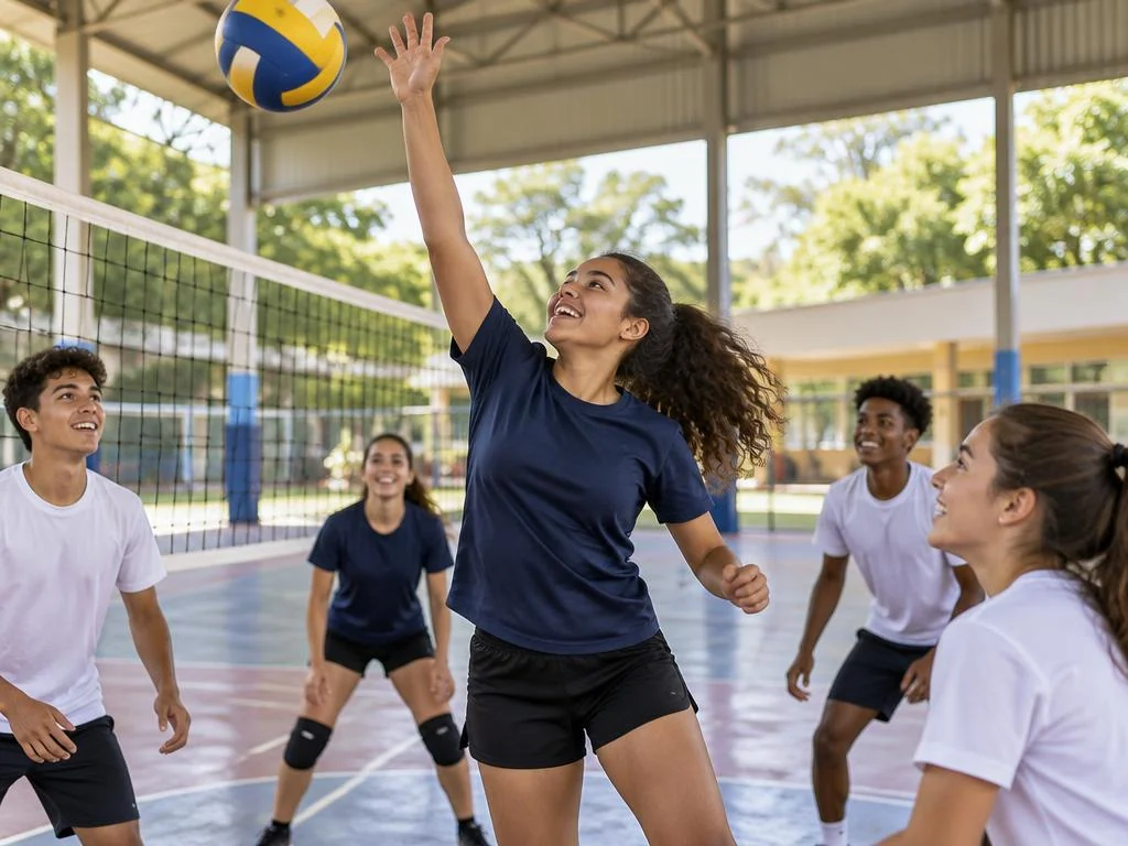 Adolescentes jogando vôlei numa quadra coberta