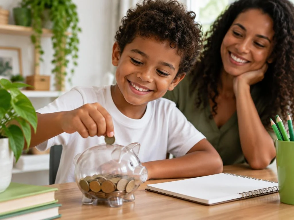 Criança colocando moeda num cofrinho transparente, com mãe orgulhosa ao fundo