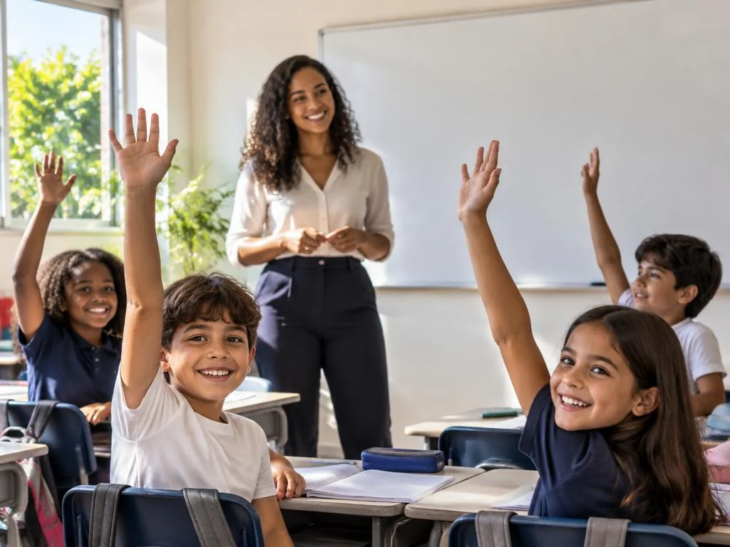 Professora sorridente e alunos com mãos levantadas numa aula participativa de inglês