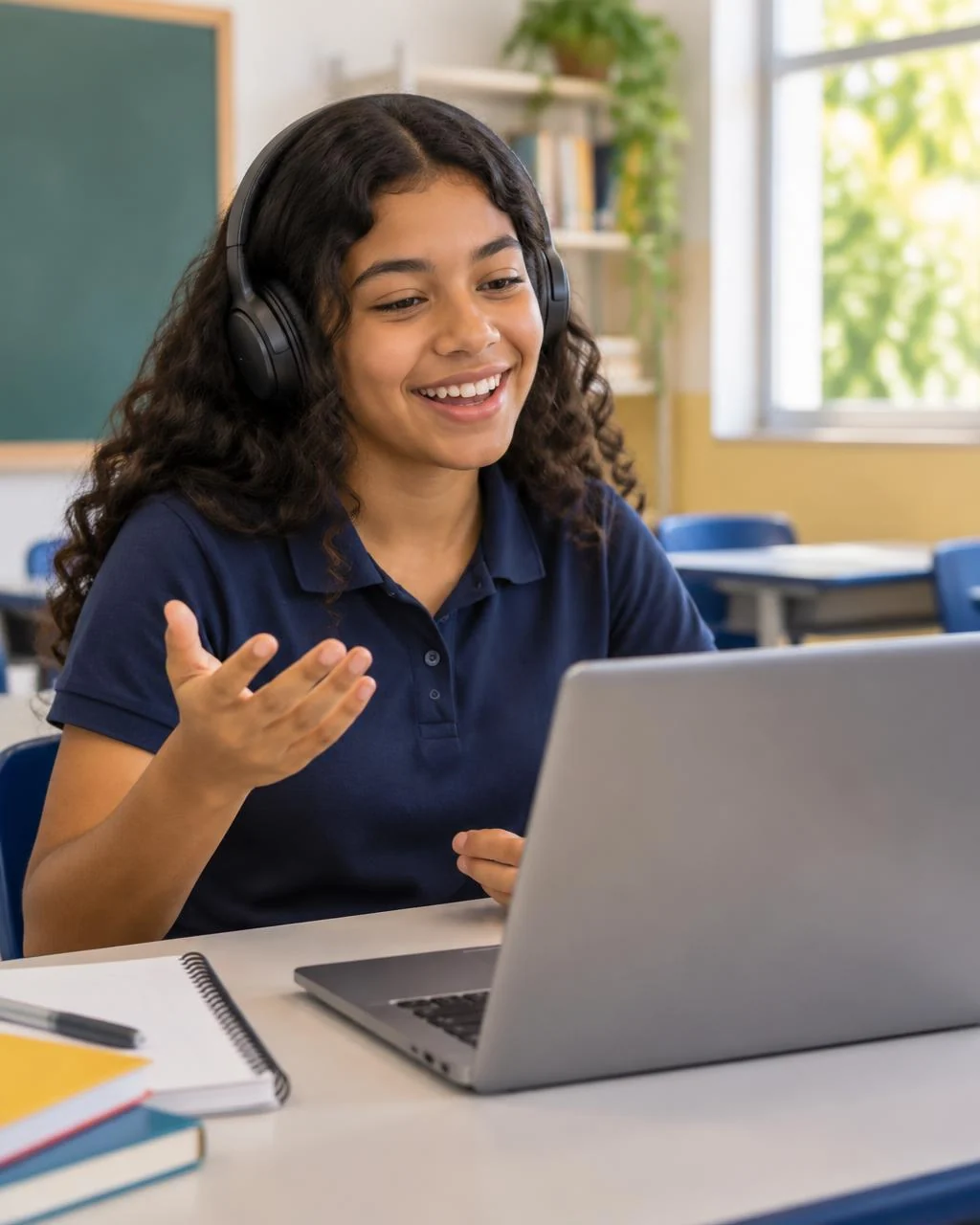 Adolescente de fone sorrindo enquanto conversa em videochamada no notebook