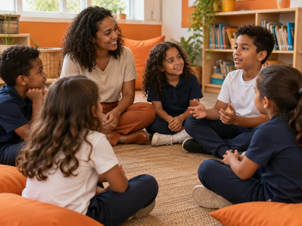 Crianças em roda de conversa com professora, ouvindo um colega com atenção