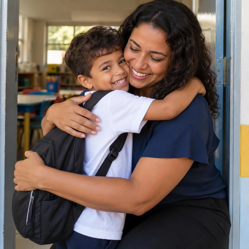 Professora abraçando um aluno pequeno na chegada à escola