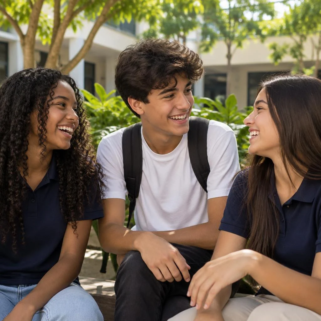 Amigos adolescentes rindo juntos no intervalo