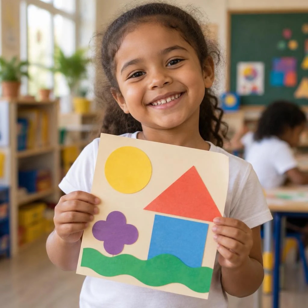 Criança mostrando seu trabalho de arte com orgulho
