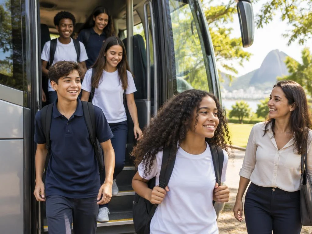 Turma animada descendo de ônibus executivo num passeio ao ar livre com professora