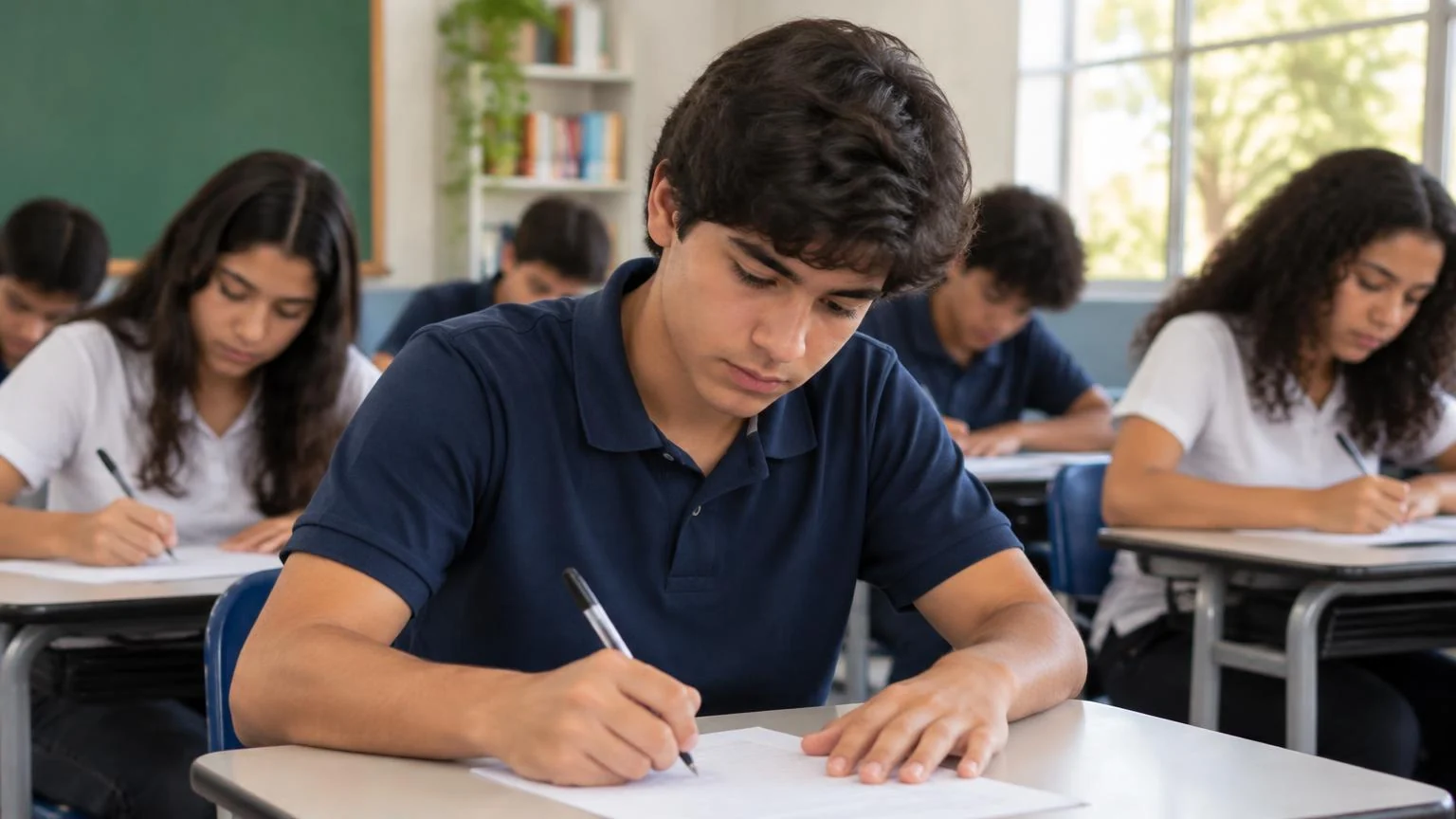 Alunos do Ensino Médio concentrados fazendo um simulado numa sala clara